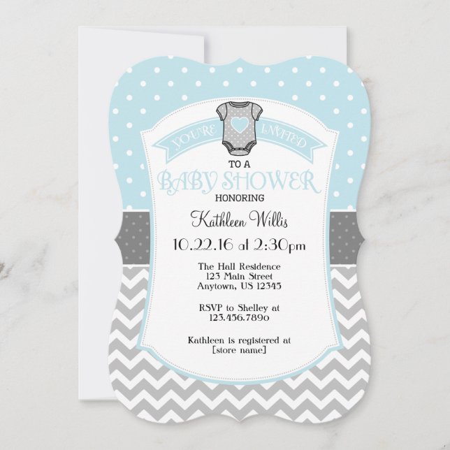 Powder Blue Polka Dot Chevron Baby Shower Invite (Front)