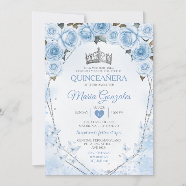 Powder Blue Quinceañera Crown Butterfly 15 Anos Invitation (Front)