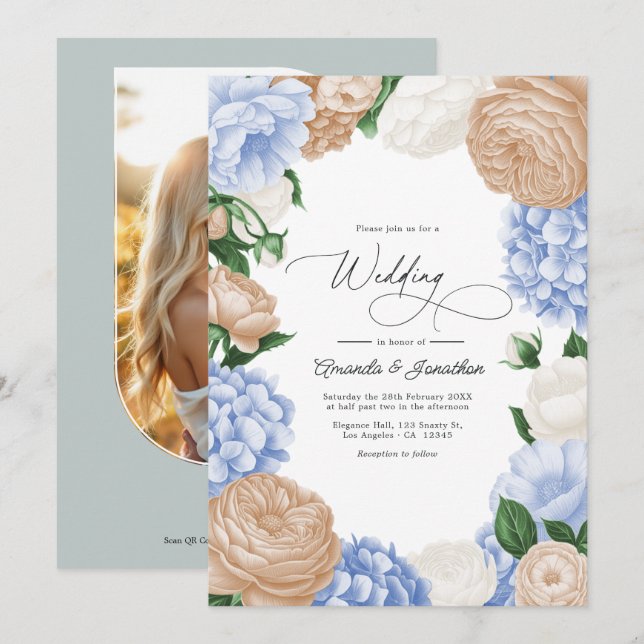 Powder Blue, Sand Beige & White Floral Wedding Invitation (Front/Back)
