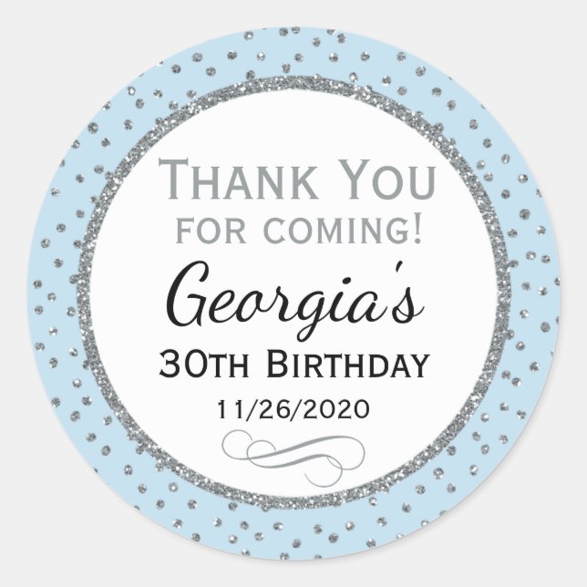 Powder Blue Silver Birthday Thank You Favour Tag (Front)