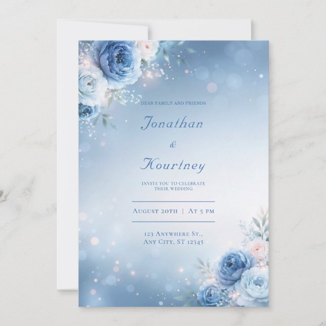 Powder Blue Sparkle Floral Border Wedding Invitation (Front)