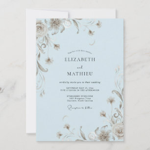 Powder Blue Taupe Vine Wedding Invitation