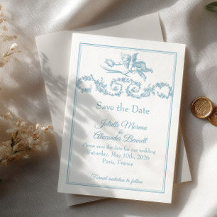 Powder Blue Toile de Jouy Cherub Save the Date Car