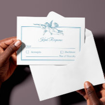 Powder Blue Toile de Jouy Cherub Wedding RSVP Card