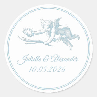 Powder Blue Toile de Jouy Cupid Classic Round Wedd Sticker