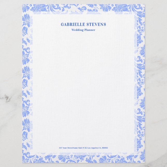 Powder Blue Vintage Floral Damask Custom Letterhead (Front)