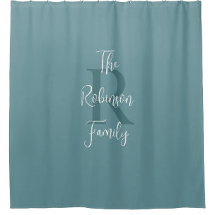 Powder Blue White Family Name Monogrammed Shower Curtain