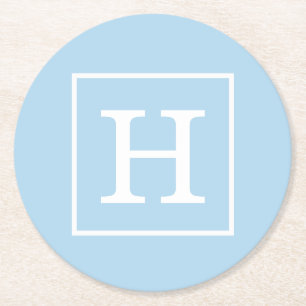 Powder Blue White Framed Initial Monogram Round Paper Coaster