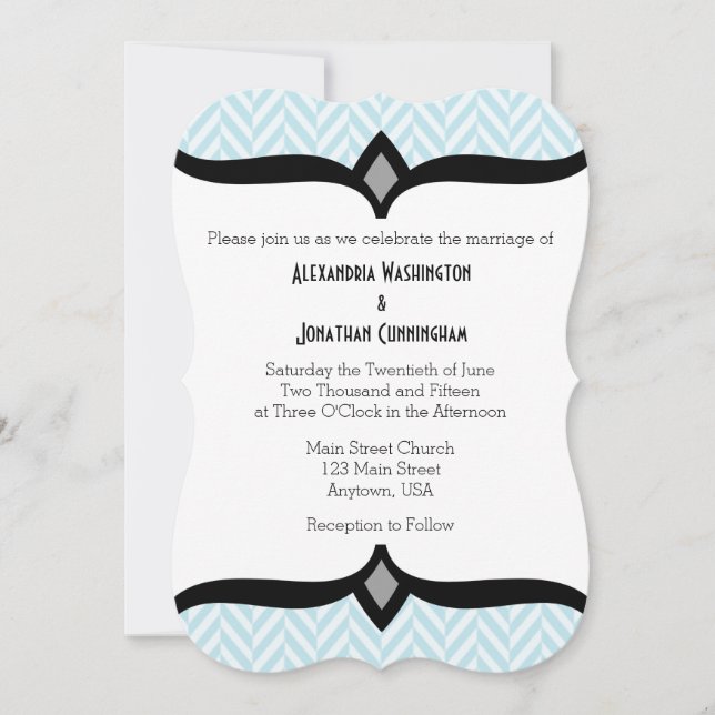Powder Blue White Herringbone Wedding Invitation (Front)