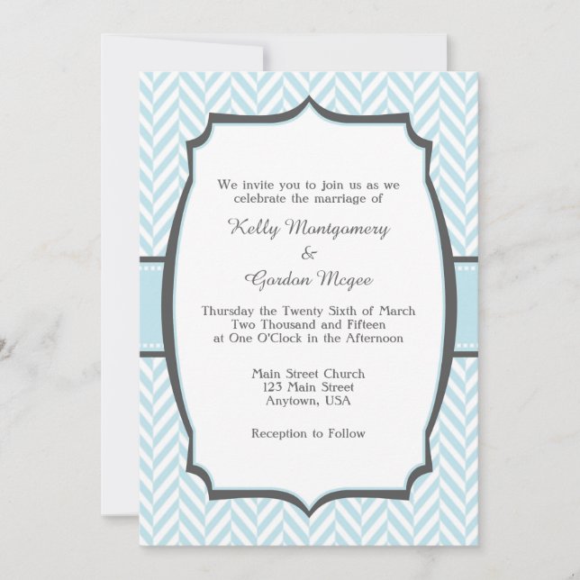 Powder Blue White Herringbone Wedding Invitation (Front)