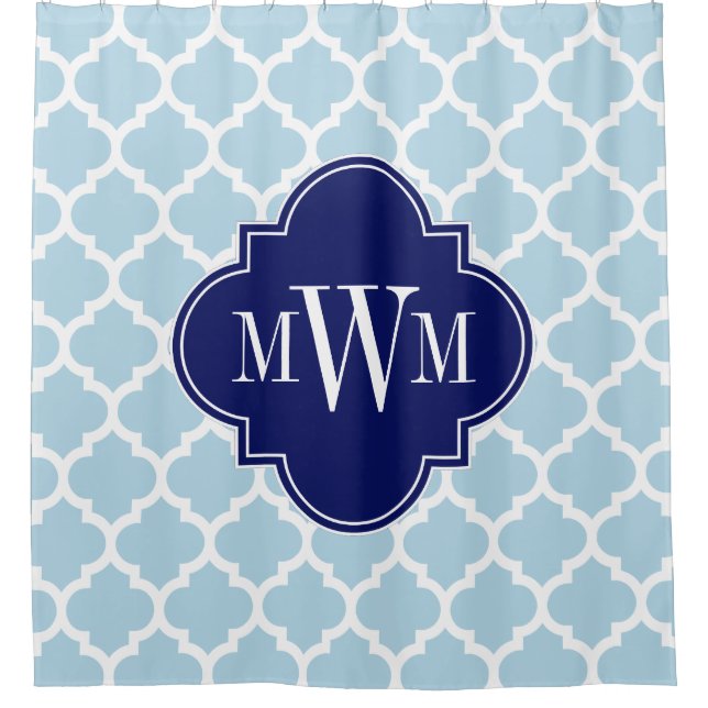 Powder Blue Wht Moroccan #5 Navy Blue 3I Monogram Shower Curtain (Front)