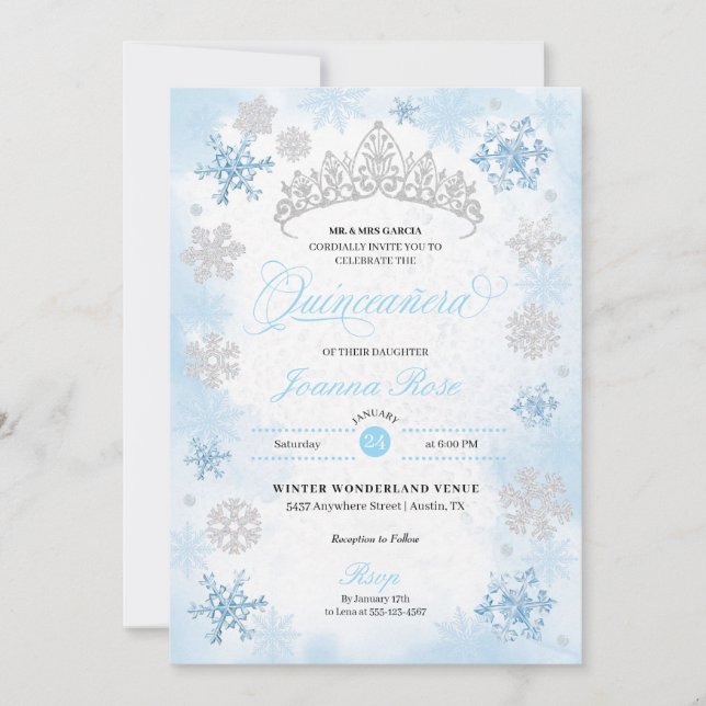 Powder Blue Winter Wonderland Quinceanera Invitation (Front)