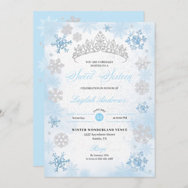 Powder Blue Winter Wonderland Snowflake Sweet 16 Invitation (Front/Back)