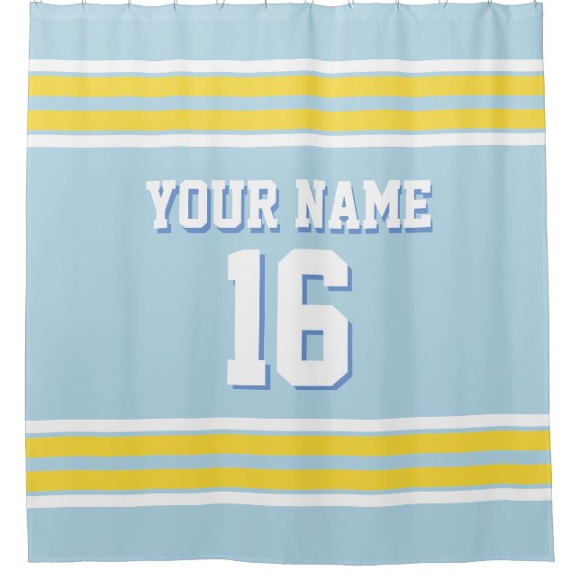 Powder Blue Yellow White Stripes Sports Jersey Shower Curtain (Front)