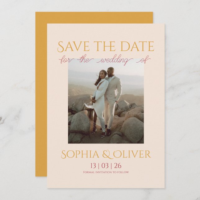 Powder blush and gold Photo save the date Invitation (Front/Back)