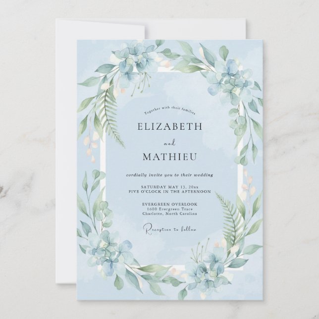 Powder Leafy Painted Wedding Invitation (Front)