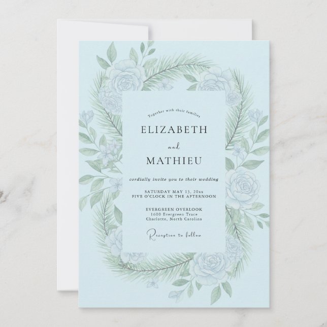 Powder Mint Leaf Wedding Invitation (Front)