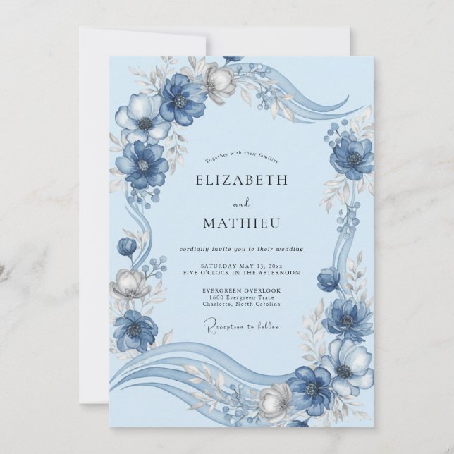 Powder Muted Blue Peony Wedding Invitation (Front)