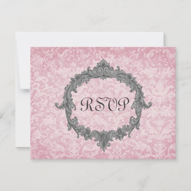 Powder Pink 2 Damask Vintage RSVP Wedding Response (Front)