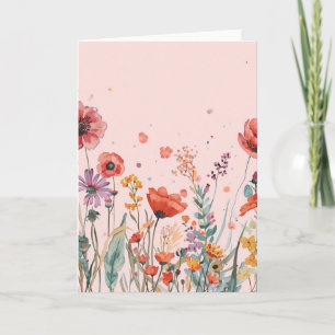 Powder Pink Background with poppies, wild flowers Card