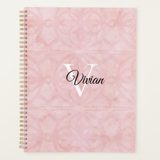  Powder Pink Batik Elegant Monogram Name Planner (Front)