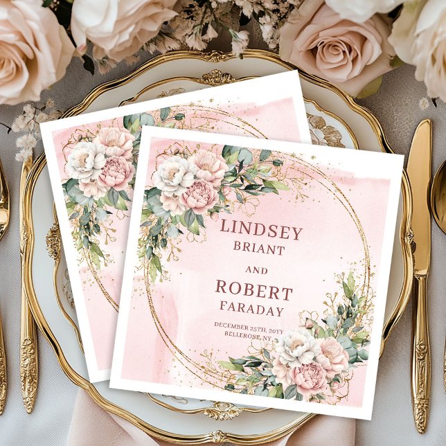 Powder Pink Flowers Greenery with Gold Glitter  Napkin (Powder Pink Flowers Greenery with Gold Glitter Napkins)