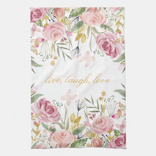 Powder Pink Gold Green Watercolor Roses Tea Towel (Vertical)