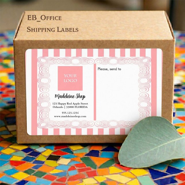Powder Pink Stripes & Curly Frame & Logo (Chic Light Pink & White Stripes & Logo.
Size: 3.75” L x 2” W - Eight labels per sheet
)