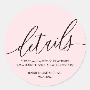Powder Pink Wedding Signature Details text Classic Round Sticker