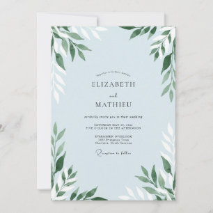 Powder Slate Blue Leafy Wedding Invitation