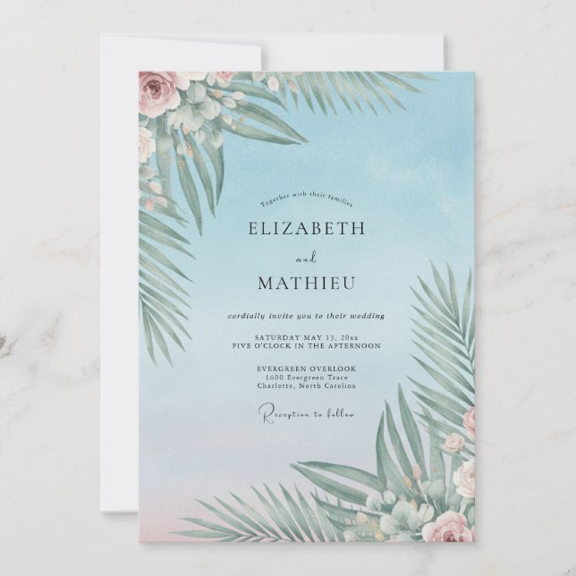 Powder Tropical Palm Eucalyptus Wedding Invitation (Front)