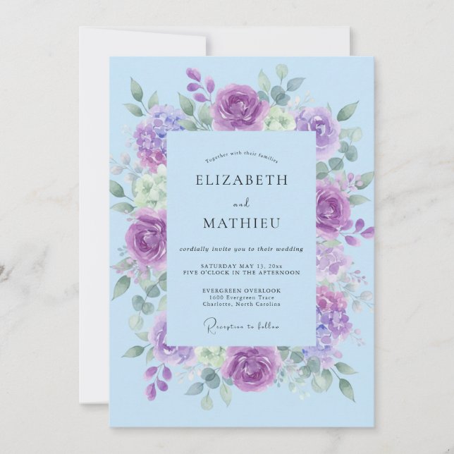 Powder Violet Greenery Wedding Invitation (Front)