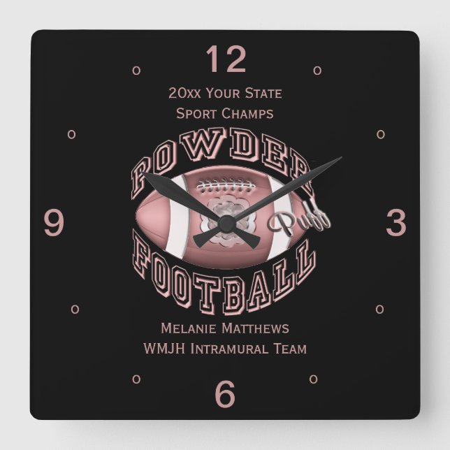 Powderpuff Football Name and School Square Clock (Front)