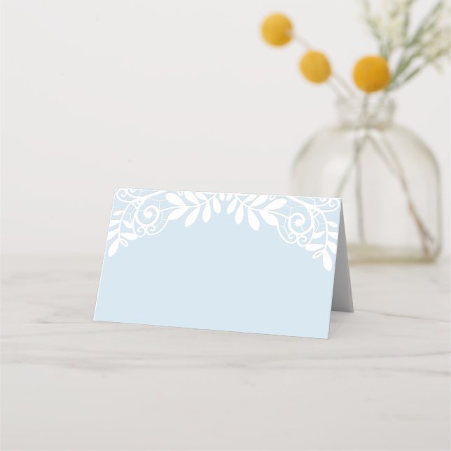 Power Blue White Lace Wedding Place Card (Front)