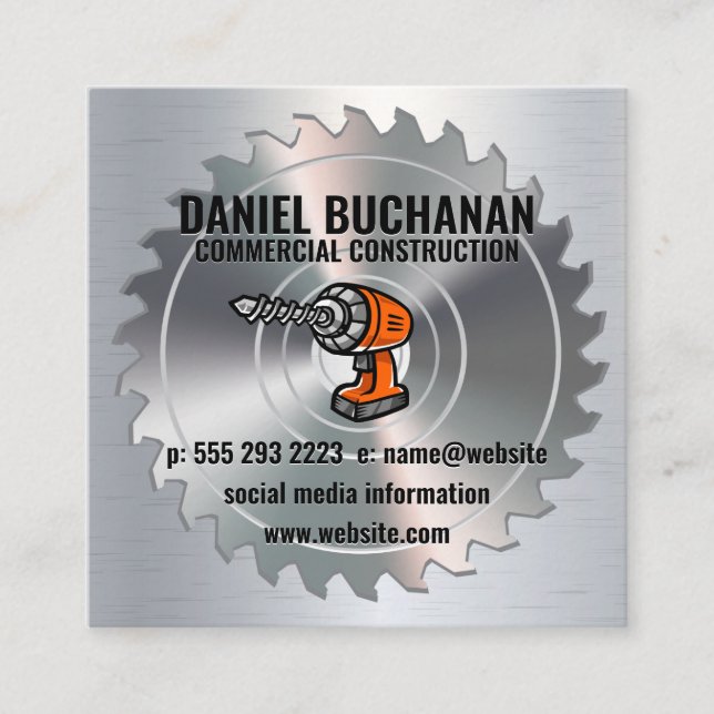 Power Drill | Metallic Brush | Circular Saw Square Business Card (Front)