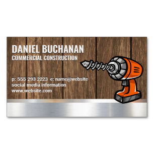Power Drill   Wood Metallic Background Magnetic Business Card
