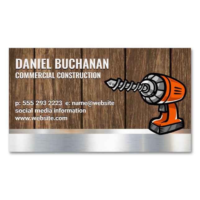 Power Drill | Wood Metallic Background Magnetic Business Card (Front)
