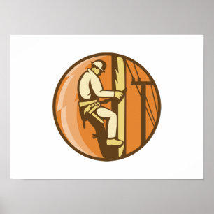 Power Lineman Electrician Climbing Utility Post Poster