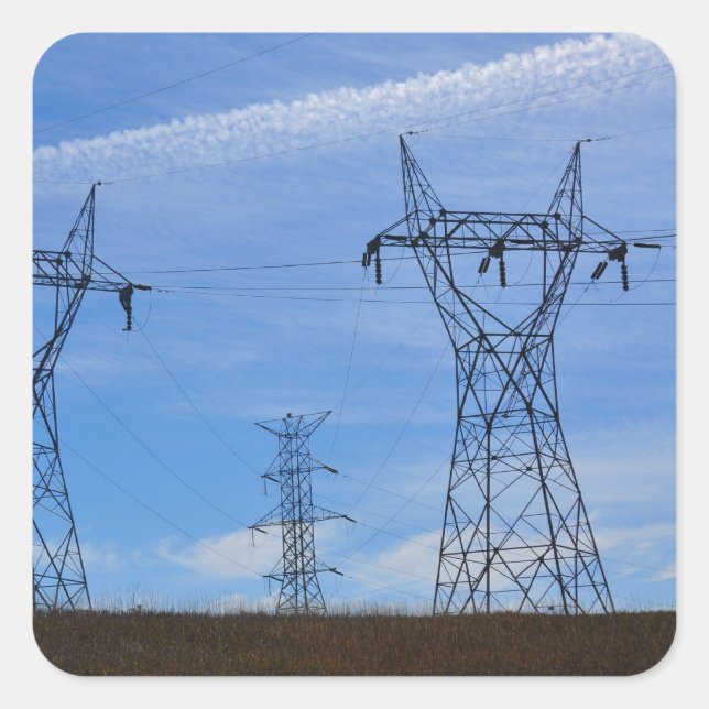 Power lines in blue sky square sticker (Front)