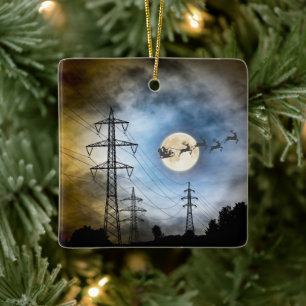 Power Lines, Santa and Full Moon Christmas Ceramic Ornament