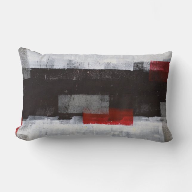 'Power Trip' Grey and Red Abstract Art Lumbar Cushion (Front)