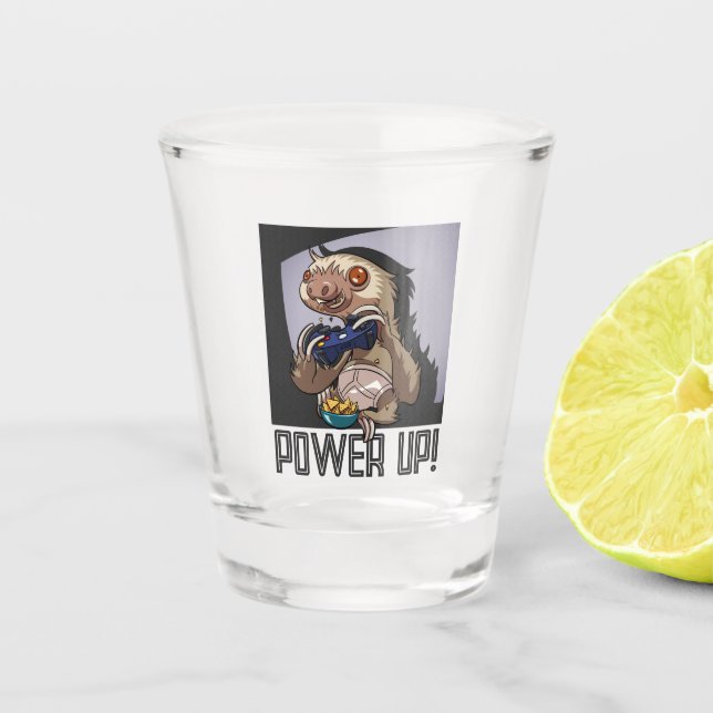Power Up! Funny Cartoon Sloth Playing Video Games Shot Glass (Front)