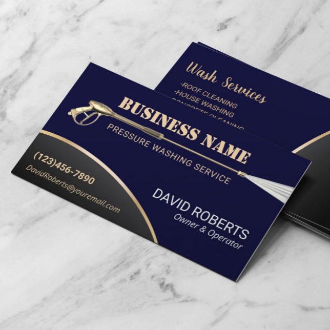 Power Washer Pressure Washing Navy Gold Cleaning  Business Card (Creator Uploaded)