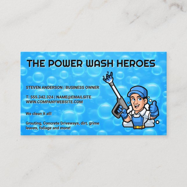Power Washing Worker | Soap Bubbles Business Card (Front)