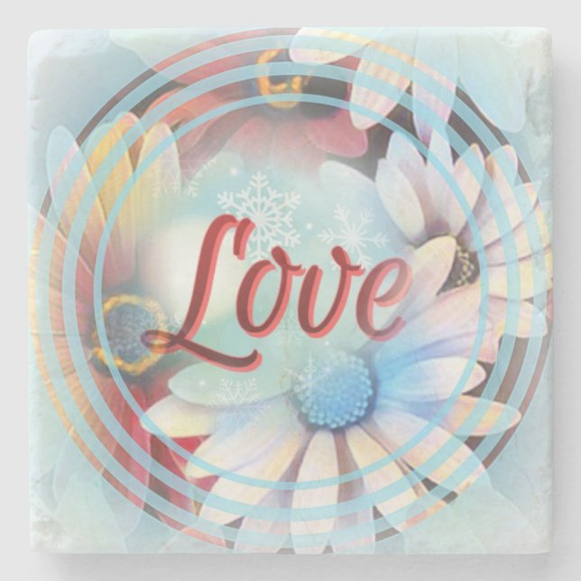 Power Word "Love" on a Marble Coaster With Daisies (Front)