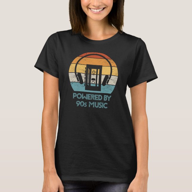 Powered by 90s Music: Retro Cassette Tape Player T-Shirt (Front)