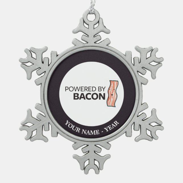 Powered by Bacon 2 Snowflake Pewter Christmas Ornament (Front)