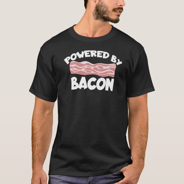 Powered by Bacon Barnyard Harvest Farming Barn Cat T-Shirt (Front)