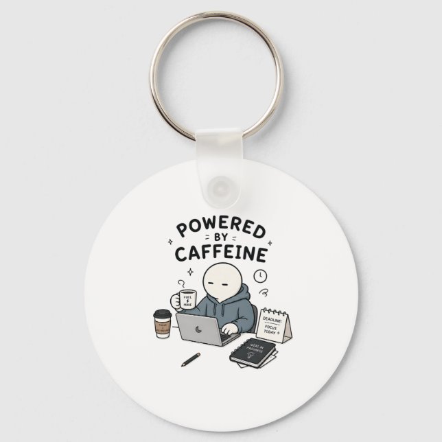 Powered By Caffeine Funny Work Meme Key Ring (Front)