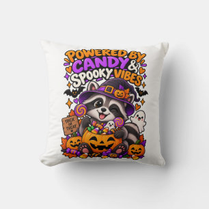 Powered by Candy & Spooky Vibes Halloween Racoon  Cushion